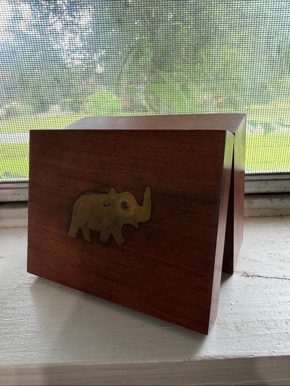 Wood Elephant Inlay Trinket Box - Brown with Brass Accent